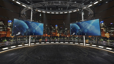 虚拟电视演播室新闻集绿屏背景。3 d渲染。