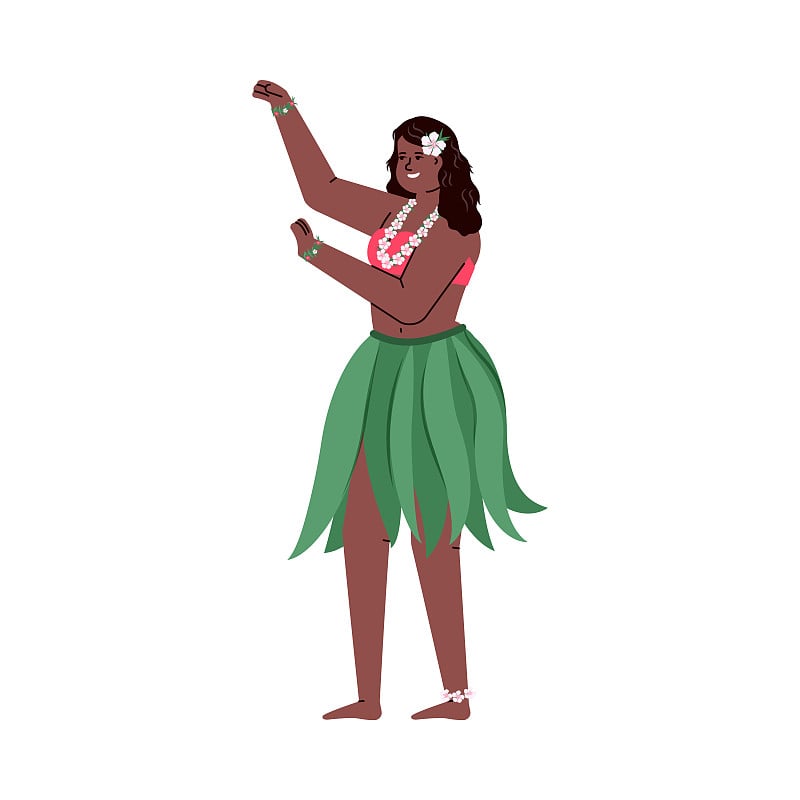 Hawaiian girl hula dancer in skirt of tropical lea