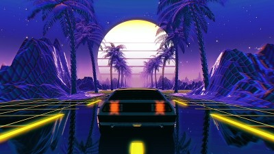 80年代复古未来科幻3D插图。VJ景观与古董车