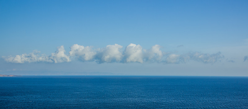 海水水面到地平线线自然景观全景视图与有趣的形状云在天空类似罗夏测试点墙纸概念，复制空间