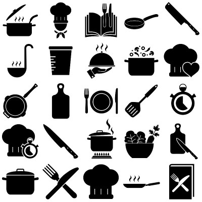 Cooking and kitchen set icons, Kitchen items and a