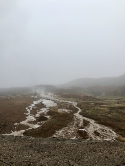 冰岛大Geysir地热区的秋冬景观:黄金圈的自然地标——泥、灌木、雾、沸水和冰