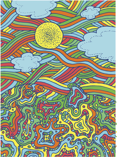 夏天的海面和天空有云和太阳。矢量手绘线艺术为成人和儿童涂色页或书。涂鸦和插图。