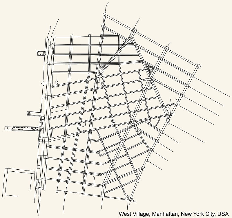 美国纽约市曼哈顿区西村附近的街道道路地图