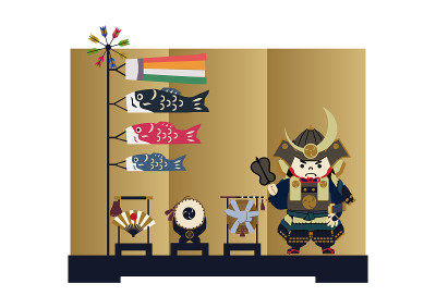 日本节日插画。季节性的节日。五一节的形象。象征着日本初夏的事件。五月节的护身符娃娃。