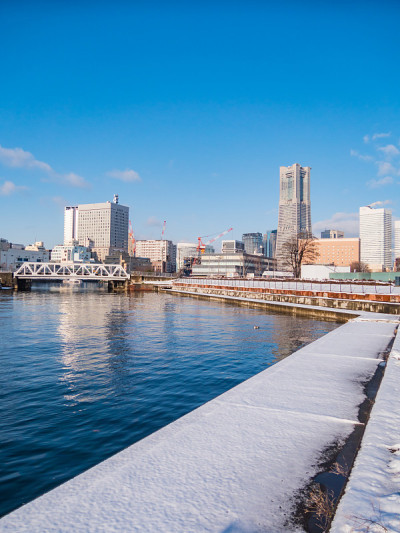日本神奈川县横滨市的雪景。横滨是一个面向横滨港的地区。