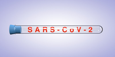 带蓝色塞子的实验室试管。玻璃管内红色标签SARS-CoV-2。三维渲染