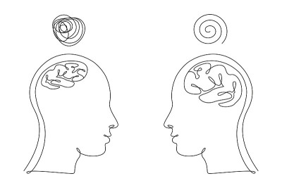 两个人的脑袋，脑袋大小不一，思维混乱，一种线条艺术风格。连续画插图。抽象线性矢量为医药传单，横幅，小