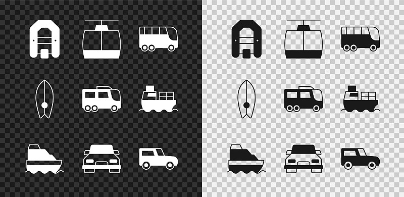设有漂流船、缆车、巴士、游船、汽车、冲浪板和图标。向量