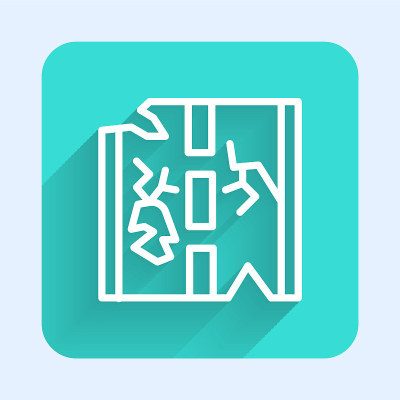 白线断路图标孤立有长长的影子。绿色广场按钮。向量