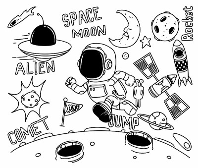 手绘空间主题涂鸦孤立在白色背景上。涂鸦宇宙插画集，设计元素为任何目的。手绘外星人，宇航员，宇宙飞船，