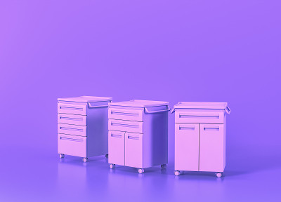 医疗设备在平面单色紫色房间，3d渲染