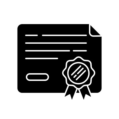 证书黑色字形图标。大学学位。大学论文。正式合同。奖学金的文件。职业资格。白色空间上的剪影符号。向量孤