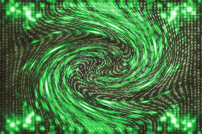 绿色矩阵数字背景。扭曲的网络空间的概念。人物落入虫洞。入侵矩阵。虚拟现实设计。复杂的算法数据黑客。绿