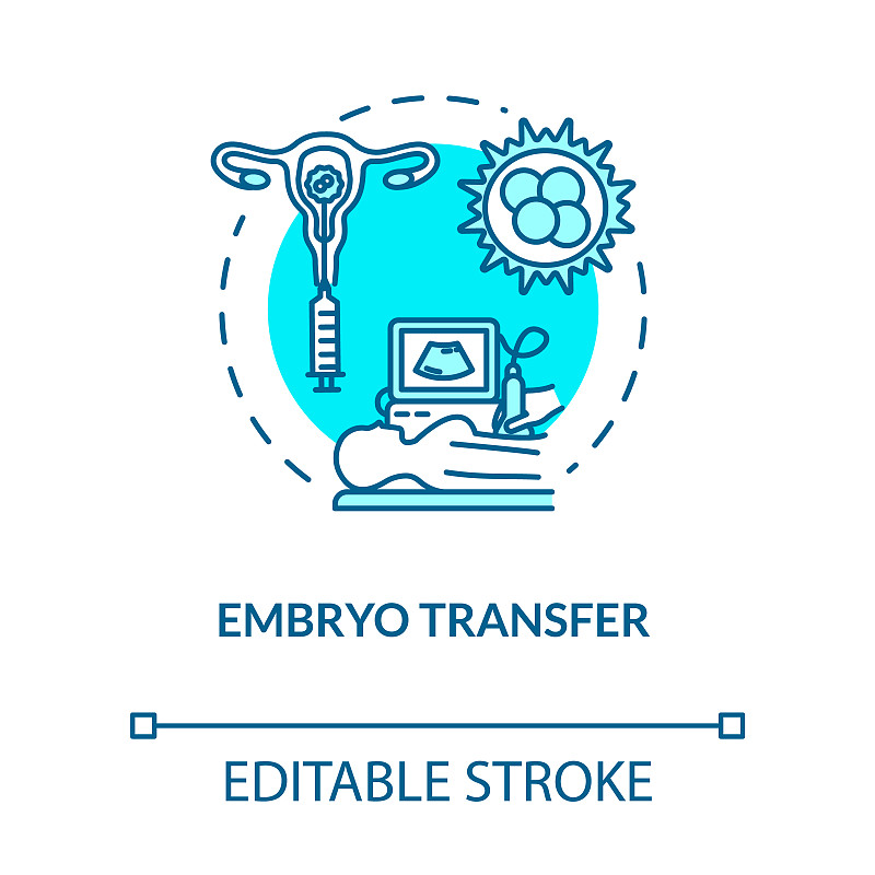胚胎移植绿松石概念图标。选择怀孕。不孕不育治疗。生殖技术理念的细线说明。矢量隔离轮廓RGB彩色绘图。