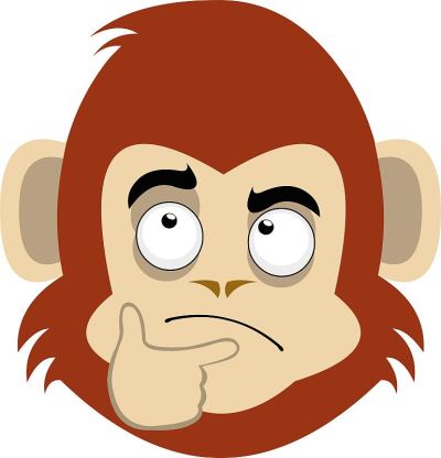 矢量emoticon插图卡通猴子的头与沉思的表情和他的手在他的下巴