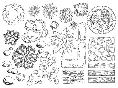 景观设计师设计元素集图形黑白顶素描鸟瞰图孤立的插图向量