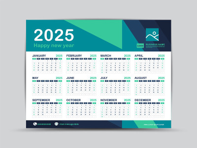 日历2025模板，桌面日历设计，新年快乐，简约时尚风格，墙壁日历，墙壁日历布局，星期开始周日，12个