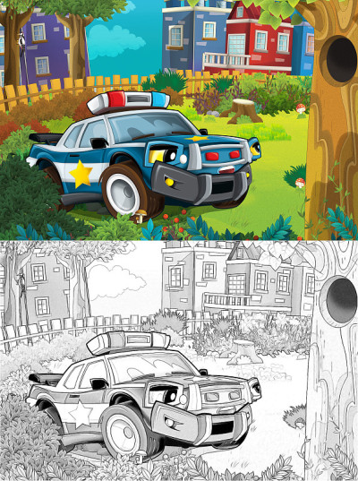 卡通小品场景在城市中与警车通过公园巡逻-插画