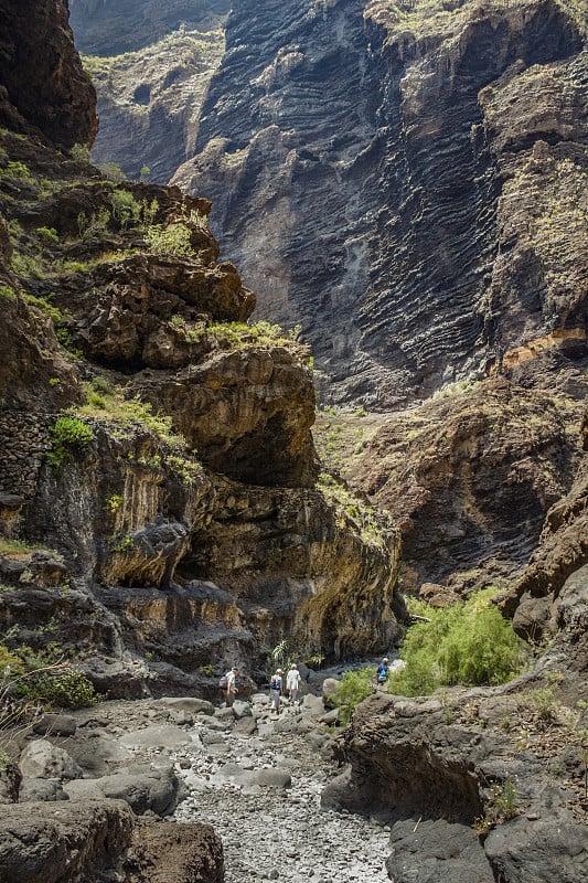 特内里费岛马斯卡峡谷的岩石，显示出凝固的火山熔岩流层和拱形构造。峡谷或峡谷从900米的高度通向海洋