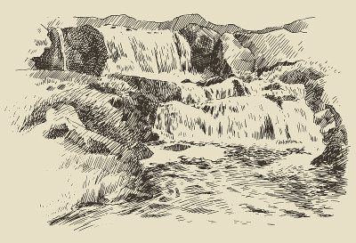 瀑布景观复古版画插画