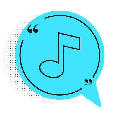 黑线音乐音符，音调图标孤立在白色背景上。蓝色语音气泡符号。向量