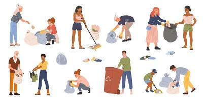 人们把垃圾收进垃圾袋和容器里。男女志愿者捡垃圾，减少环境污染向量集