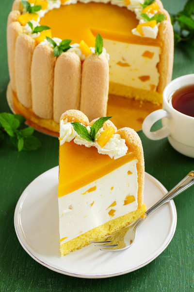 美味的磅蛋糕“夏洛特”与芒果和桃子。