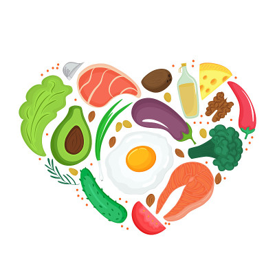 Healthy foods: vegetables, nuts, meat, fish. Heart