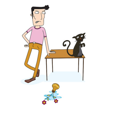 一个男人对他那只淘气的猫生气