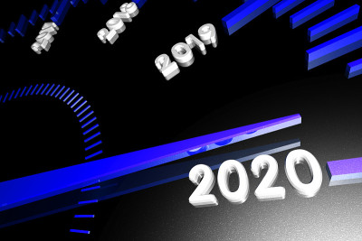 速度表上显示的是即将到来的2020年新年的数字，箭头指向他们。3 d渲染。
