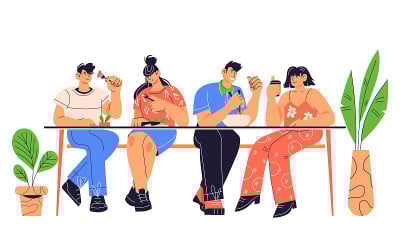 人、男、女坐在桌旁吃饭，卡通平面矢量插图孤立。