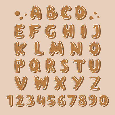 饼干饼干字母字体矢量插图。