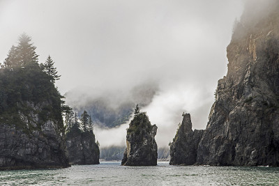 浓雾笼罩着阿拉斯加复活湾的岩石岛屿。