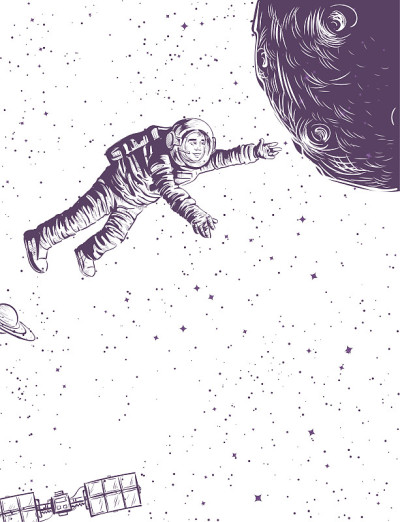 穿着太空服的人飞到行星上。涂鸦素描插图航天日