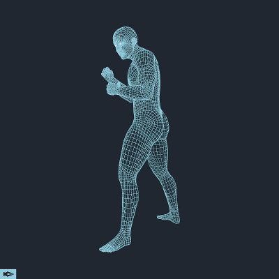 拳击手。战斗的人，3D模型的人。多边形的设计。运动的象征。矢量插图。