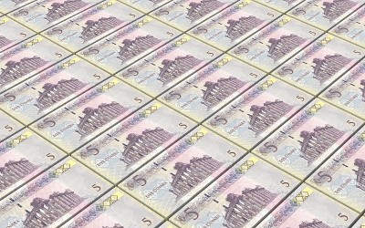 利比亚第纳尔钞票堆积背景。