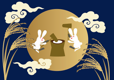 中秋节的形象。季节的象征。月亮和兔子剪贴画。秋天图像材料。