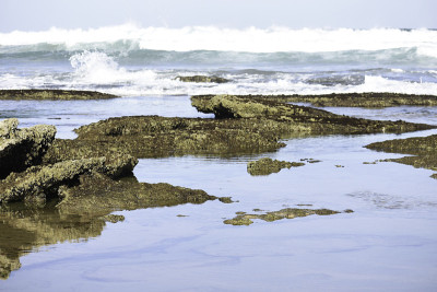 清澈平静的海洋岩石池与汹涌的海浪接近
