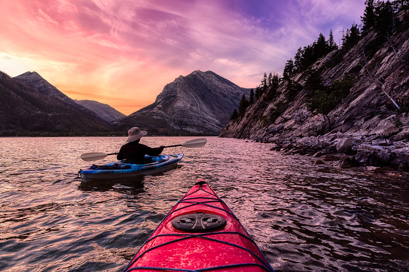 Adventurous Man Kayaking in Glacier Lake