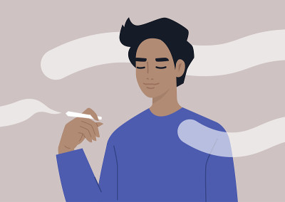 年轻轻松的男子捧着一缕烟云，现代的生活方式
