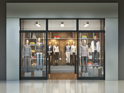 现代外观的服装店与空招牌。三维演示