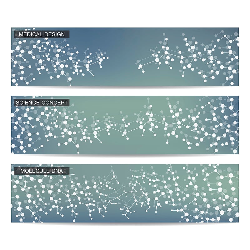 一套现代科学横幅。分子结构DNA和神经元