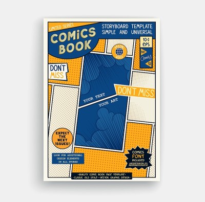 漫画书页面模板。经典故事板的艺术品。漫画杂志封面。矢量图形