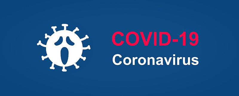 COVID-19冠状病毒预警概念，信息全景横幅与SARS-CoV-2冠状病毒图标和题词COVID-1