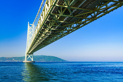 夏日清晨蓝天背景下的明石海峡大桥景观