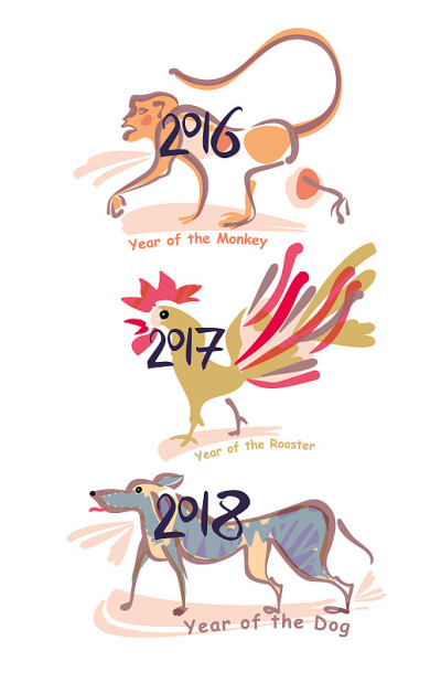 2018年的狗。公鸡2017。2016年猴。