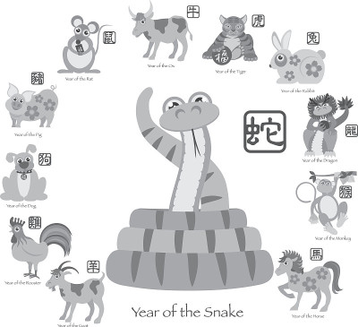 中国新年蛇十二生肖矢量插图