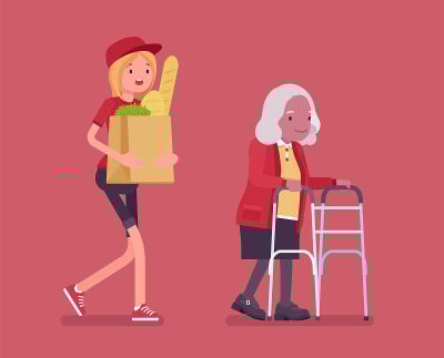 老人与步行者，老年残疾妇女和女性志愿者的帮助