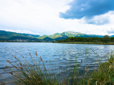 法国科西嘉自然保护区L'Etang de Biguglia湖全景图。旅游度假理念。